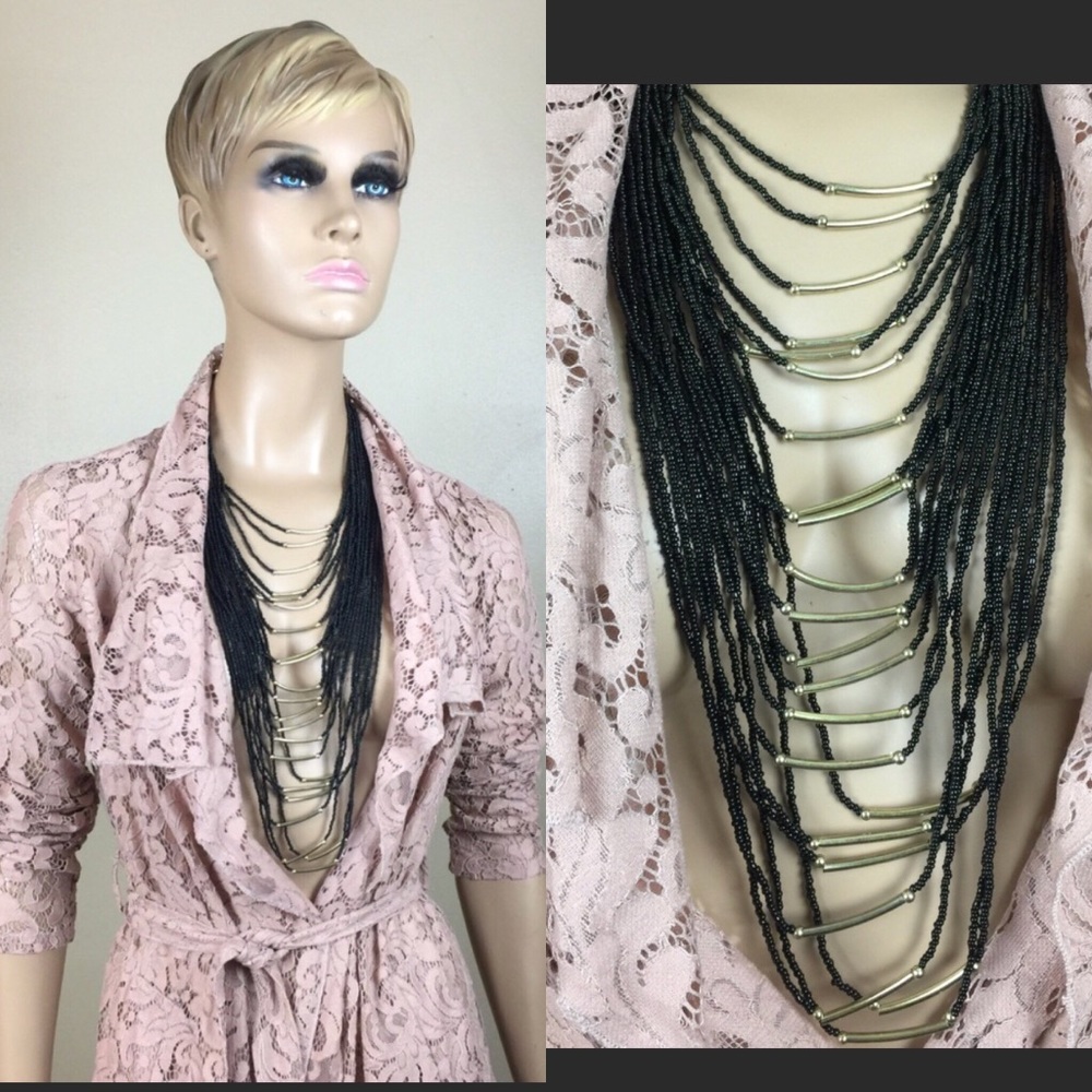 Black Beads Beaded Gold Bar Embellished Necklace